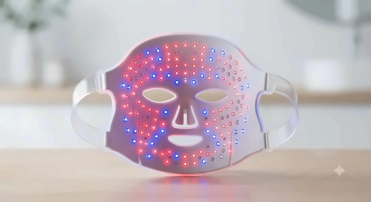 A front-facing view of a sleek LED light therapy mask showing glowing red and blue lights for Canadian skincare routines.