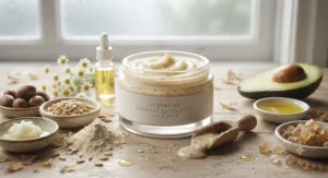 Natural ingredients in a hydrating physical exfoliator for dry skin to maintain moisture barriers.