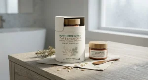 Eco-friendly product packaging for a popular physical exfoliator for dry skin available in Canada.