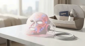 A compact and rechargeable LED light therapy mask displayed with its charging cable, ideal for travel.