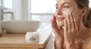 Applying a hydrating moisturiser after exfoliating the face.