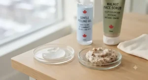 Side-by-side product texture comparison of peeling gel versus facial scrub.