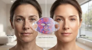 Before-and-after illustration demonstrating the rejuvenating effects of a daily LED light therapy mask treatment.