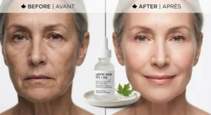 Before and after comparison showing improved skin texture and radiance from using a lactic acid exfoliator for aging skin.