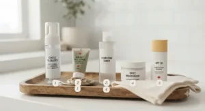 Step-by-step beginner skincare routine showing when to exfoliate.