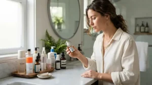Comparing prices on an affordable acne face wash Canada selection at a retail counter.
