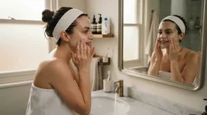Applying an affordable acne face wash Canada product during a relaxing bedtime routine.