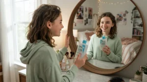 A teenager learning how to use an affordable acne face wash Canada treatment properly.