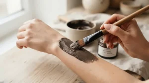 Using a bristle brush for the clay mask vs charcoal mask for oily skin application process.