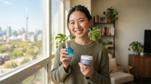 A person in Toronto deciding on a clay mask vs charcoal mask for oily skin during a self-care evening.