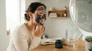 Applying a clay mask vs charcoal mask for oily skin in a modern Vancouver bathroom mirror reflection.