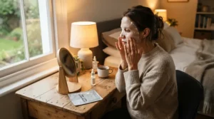 A cozy bedroom scene showing evening self-care preparation with a soothing hydrating sheet mask.