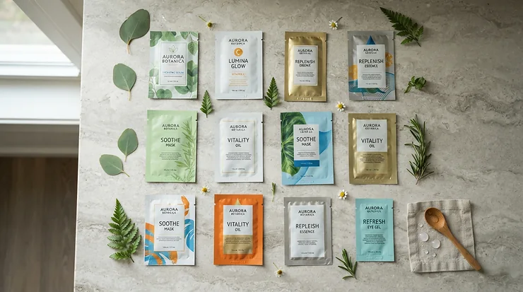 A neatly arranged hydrating sheet mask multipack displayed alongside fresh botanical ingredients on a clean surface.