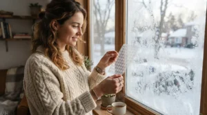 A person wearing hydrocolloid pimple patches during cold weather skincare routines in Canada.