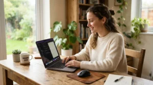 A person wearing discreet hydrocolloid pimple patches while working on a laptop at a desk.