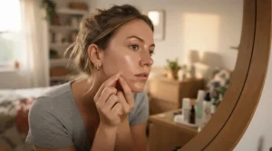 A person applying hydrocolloid pimple patches for overnight spot care in a cozy bedroom.