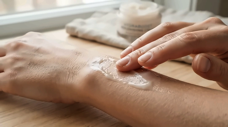 Smooth application of a leave-on overnight mask for dry skin before turning off the lights.