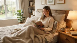 Someone relaxing in bed while using an overnight mask for dry skin as part of their evening routine.