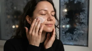 A person applying an overnight mask for dry skin during a cold Canadian winter evening with snow visible outside.