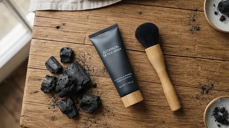 Flatlay arrangement of natural ingredients and a charcoal peel-off mask for blackheads on a wooden surface.