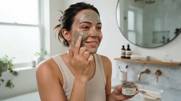 A person in Toronto applying a purifying mask for acne-prone skin during cold weather, seated in a bright, modern living room.