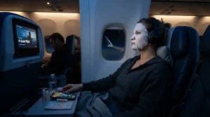 A traveller applying a single-use hydrating sheet mask during a long-haul flight to combat cabin dryness.